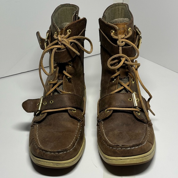 Sperry Women’s 9 Brown Leather Duck Boots Non-Marking Sole Lace Zip Riding Style - Picture 4 of 15